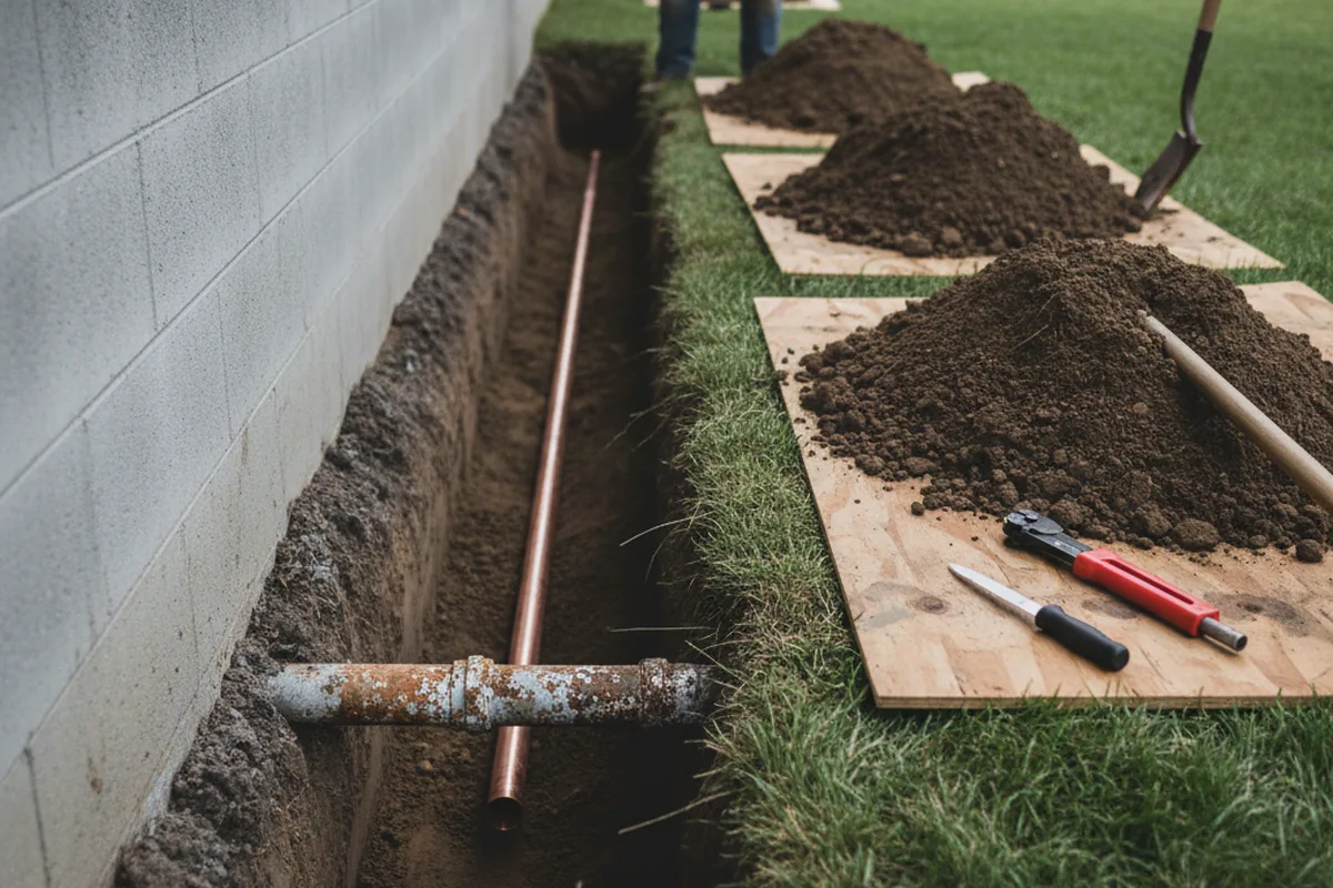 Excavated water line trench during Water Softener Installation in Lindon